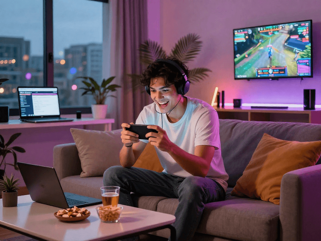 Engaged player on couch enjoying mobile porn games with neon ambiance.