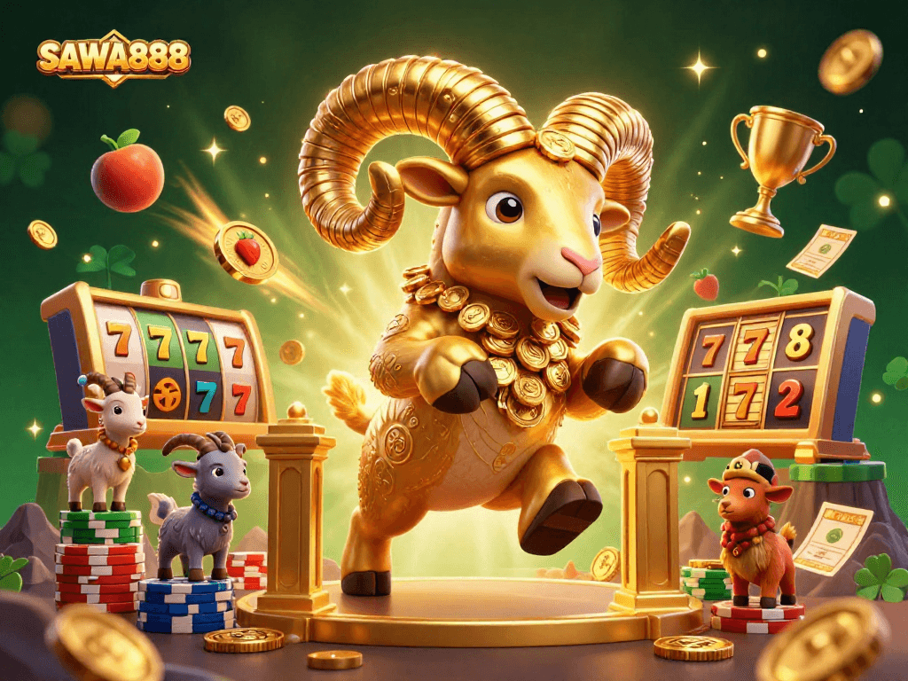 Experience the thrill of SAWA888 with a golden ram charging through captivating slot game elements.