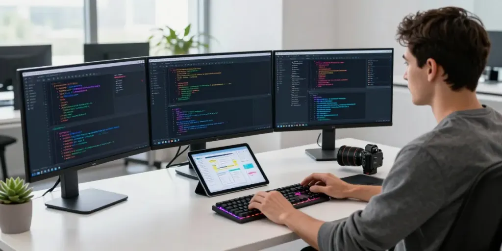 Instant indexing represented by a focused developer coding in a modern tech workspace with multiple screens.