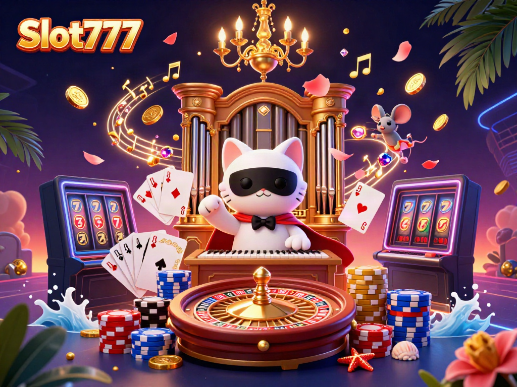 Experience thrilling gameplay at Slot777 featuring whimsical characters amidst a vibrant casino atmosphere.