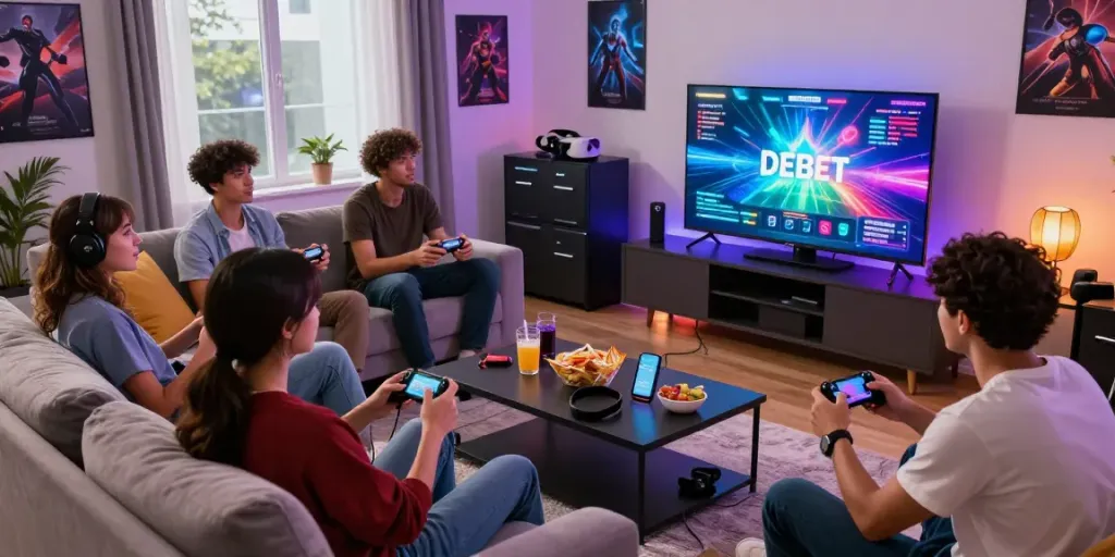 Engaged players enjoying DEBET platform gaming experience in a lively living room setting.