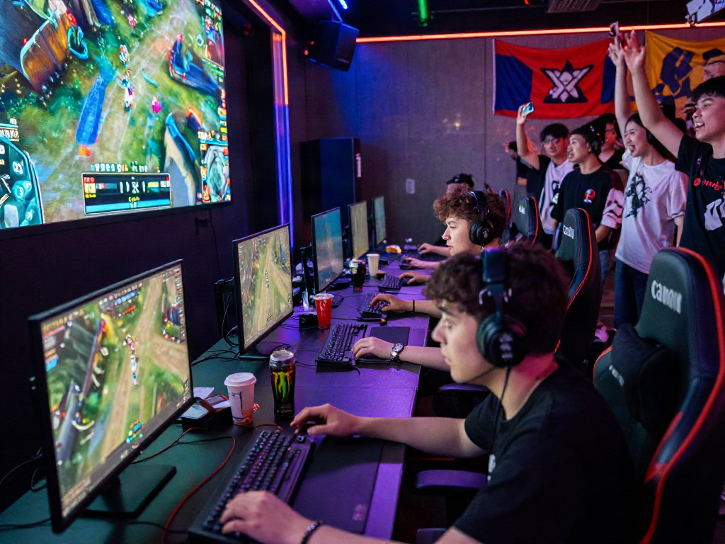 Gamers competing intensely in an esports arena during xxx games.