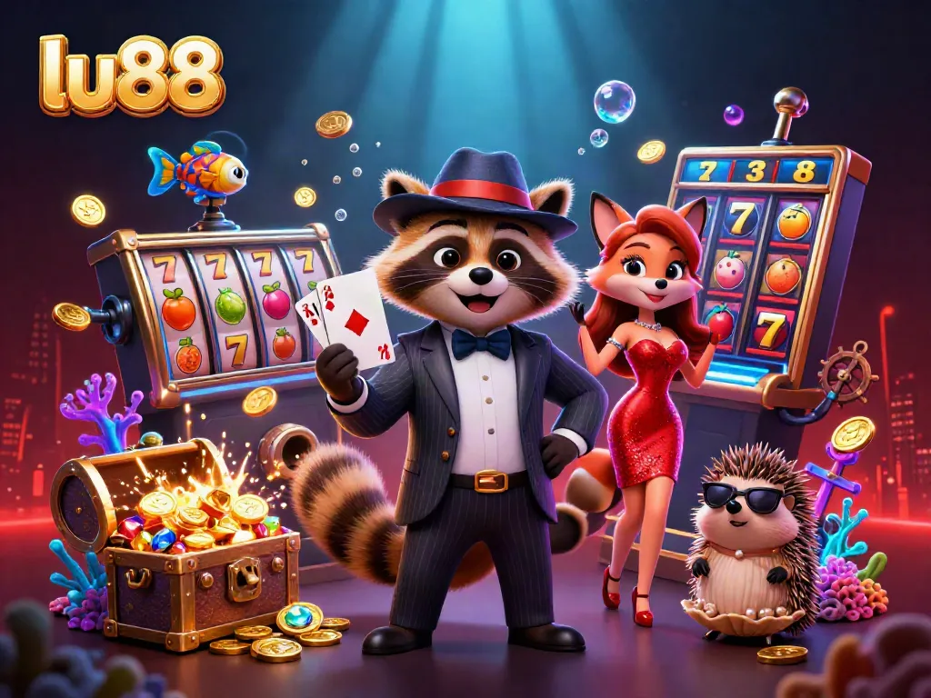 Experience engaging gaming action at lu88 with a royal flush from a suave raccoon, vibrant atmosphere, casino elements.