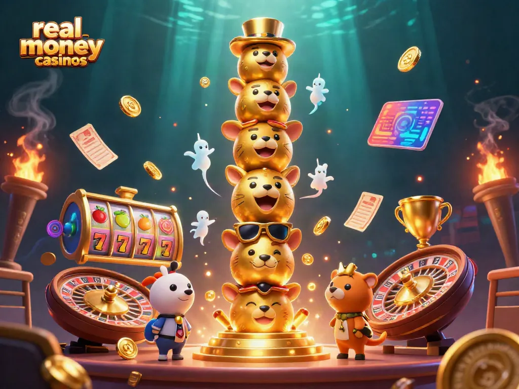 Engage in thrilling real money casinos with dynamic slot reels and a golden totem pole in an action-packed scene.