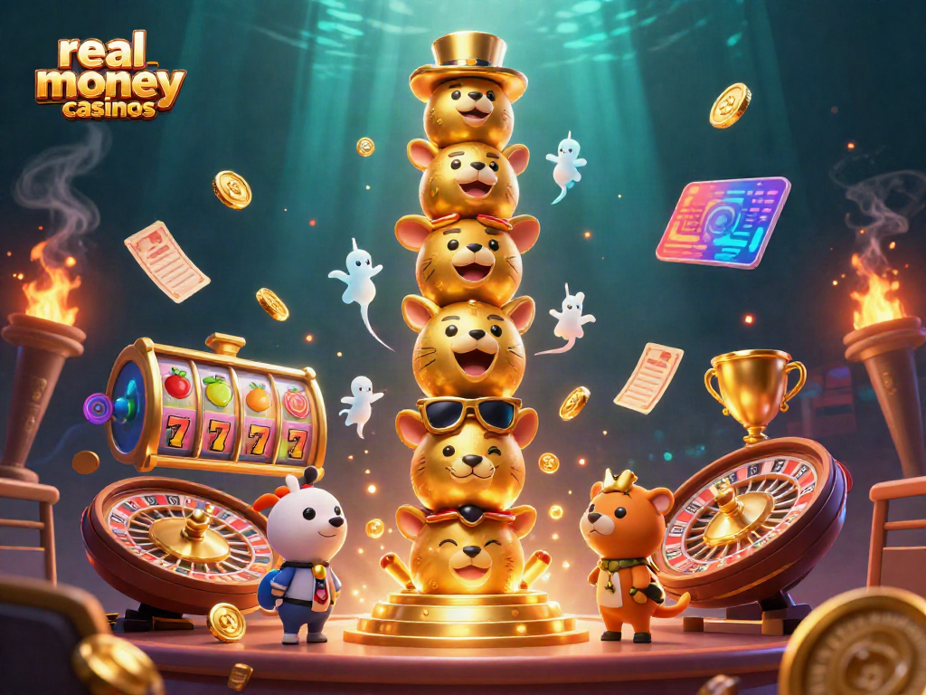 Engage in thrilling real money casinos with dynamic slot reels and a golden totem pole in an action-packed scene.