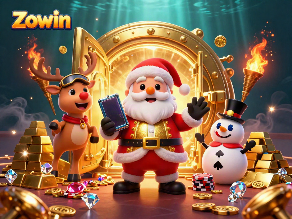 Experience thrilling jackpots with Zowin's imaginative casino illustration featuring Santa and friends.