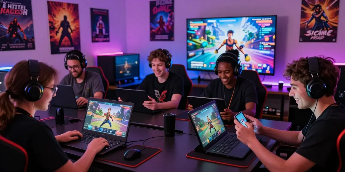 Players enjoying HTML porn games in a lively gaming room filled with vibrant posters and ambient lighting.