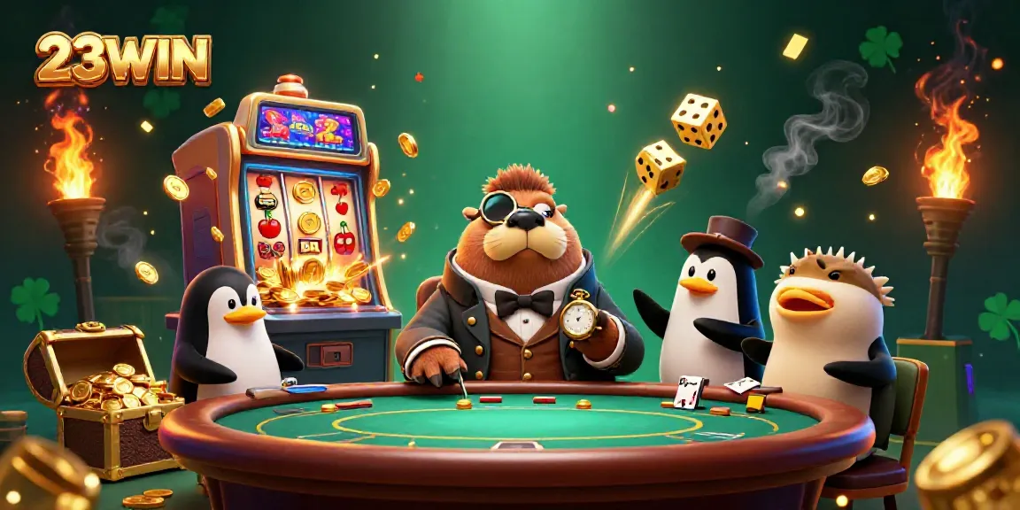 Experience thrilling play at 23WIN with an underwater casino scene featuring a walrus, penguin dealer, and a bluffing pufferfish.