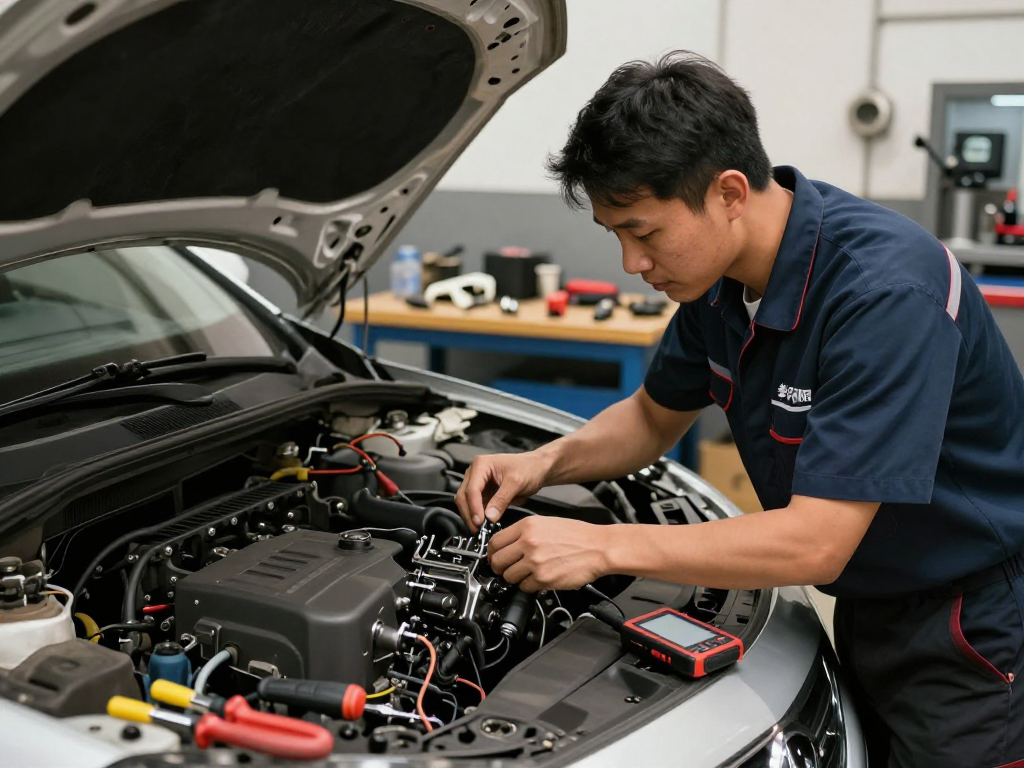 Ignition repair Port St. Lucie technician working on a car's ignition system in a well-lit garage.