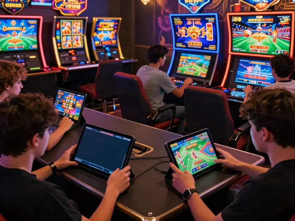 A group of players immersed in GEM88 gaming on devices, showcasing diverse online entertainment.