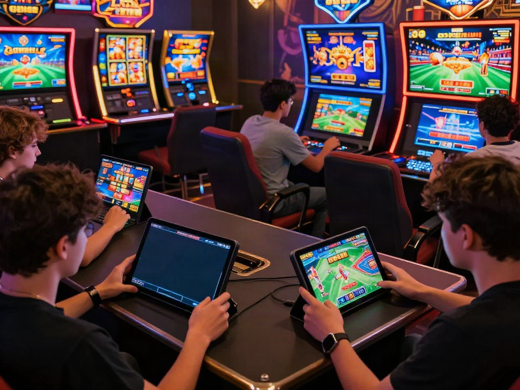 A group of players immersed in GEM88 gaming on devices, showcasing diverse online entertainment.