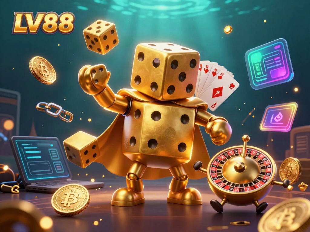 Experience the excitement of LV88 online casino with vibrant 3D elements illustrating dice and cryptocurrency.