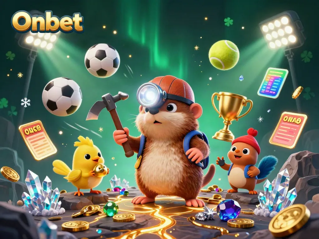 Engage with Onbet's exciting gaming scene featuring dynamic sports elements and a treasure hunter mole.