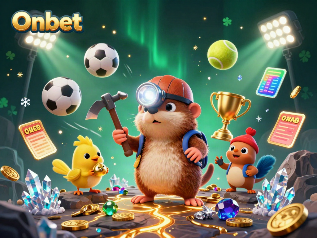 Engage with Onbet's exciting gaming scene featuring dynamic sports elements and a treasure hunter mole.