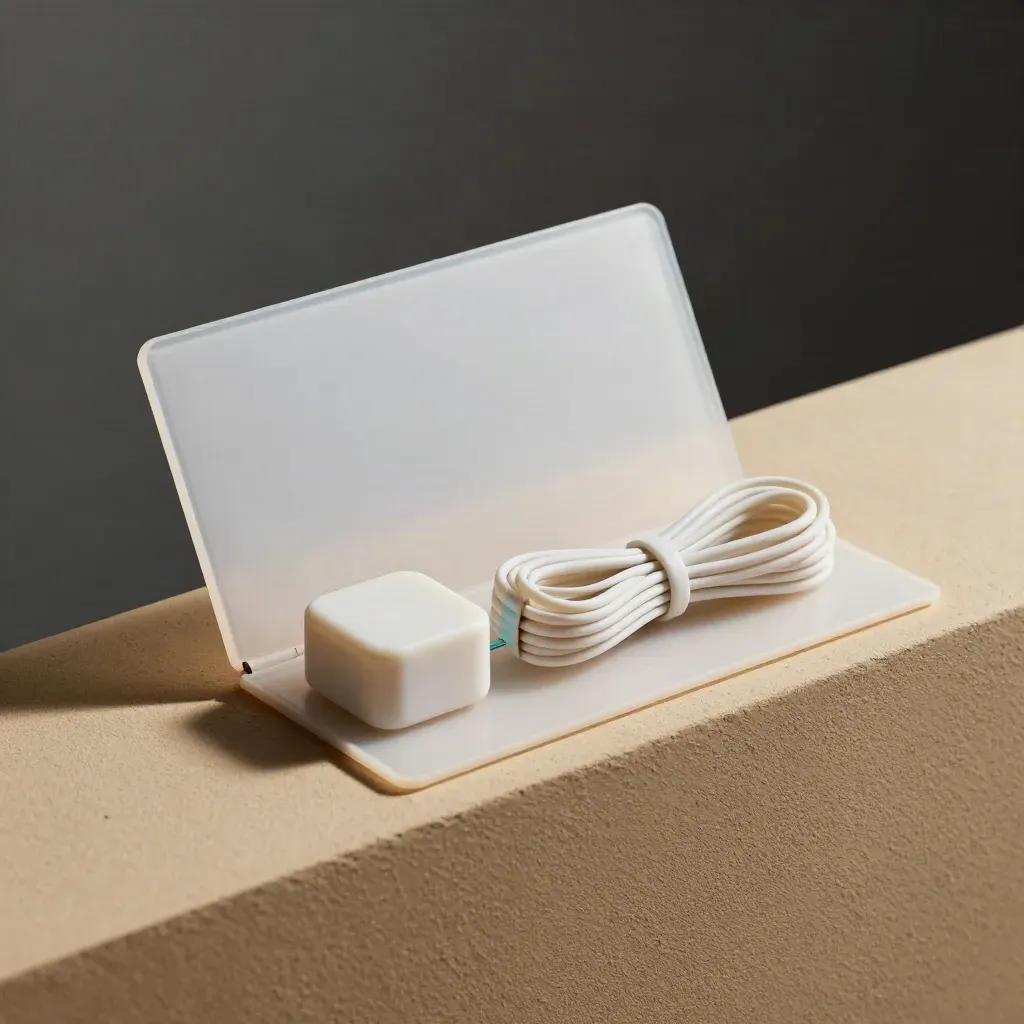 Macro of a translucent sleeve, white folder, rounded block, and cable-tie coil on a sand ledge.