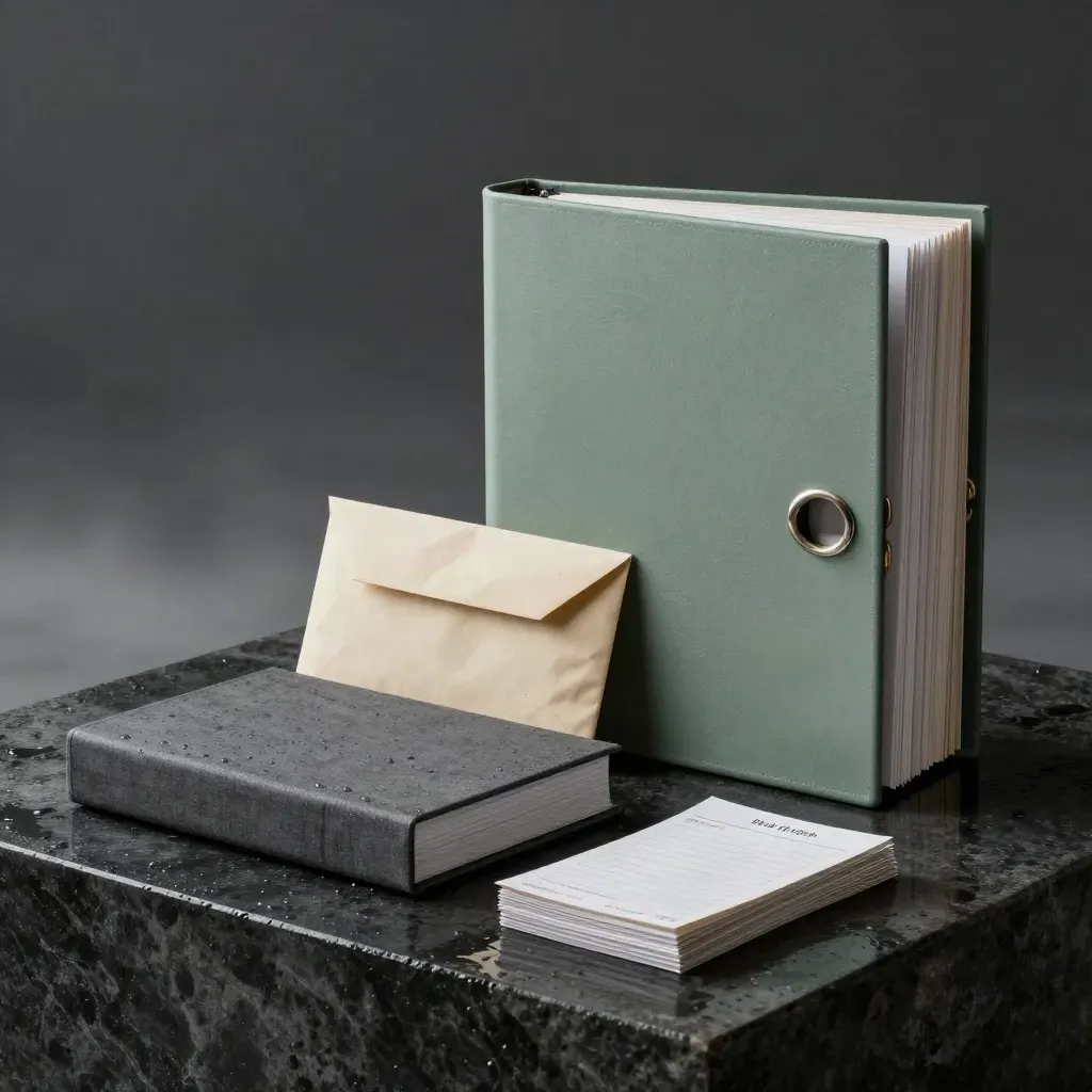 Oversized GDPR audit binder with evidence envelope and folder box on rain-wet stone at dawn.