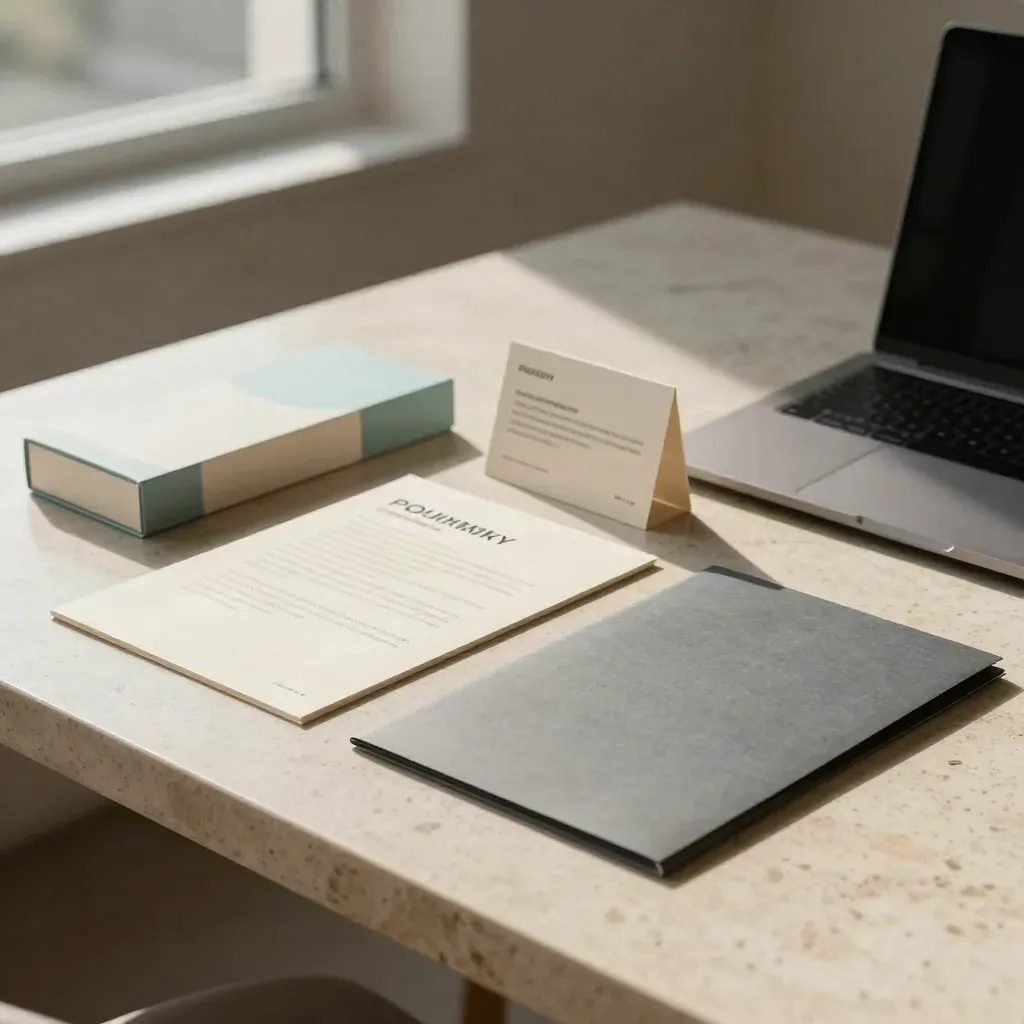 Cookie compliance kit beside a closed laptop on travertine in soft office light