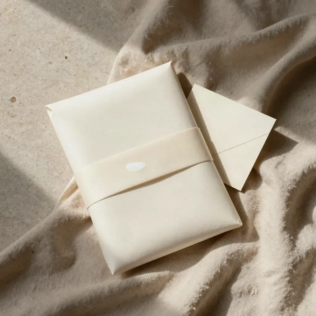 Overhead cream-wrapped privacy policy bundle settling into oatmeal fabric with a folded card and clip.
