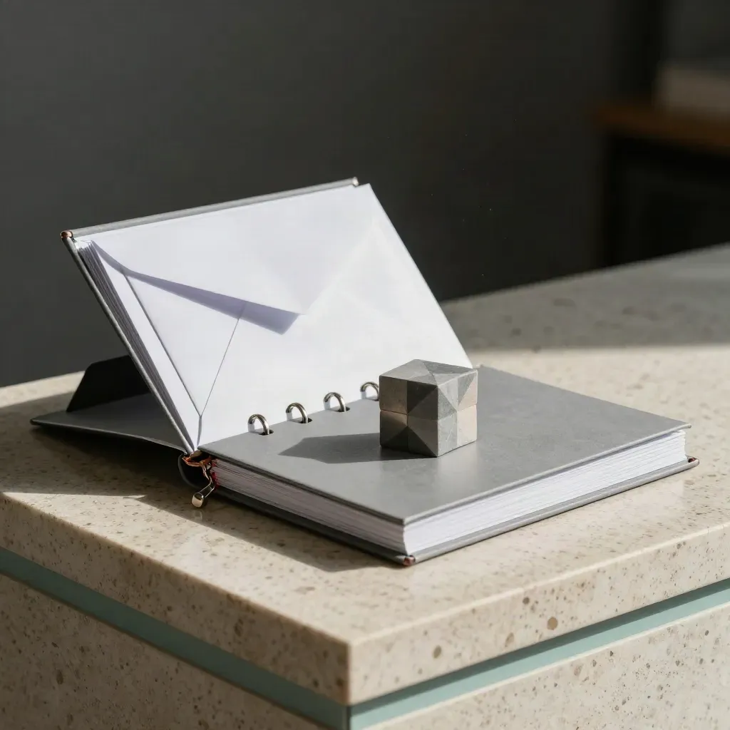 Stone-grey DPIA binder, sealed envelopes and geometric risk blocks on travertine under hard studio light.