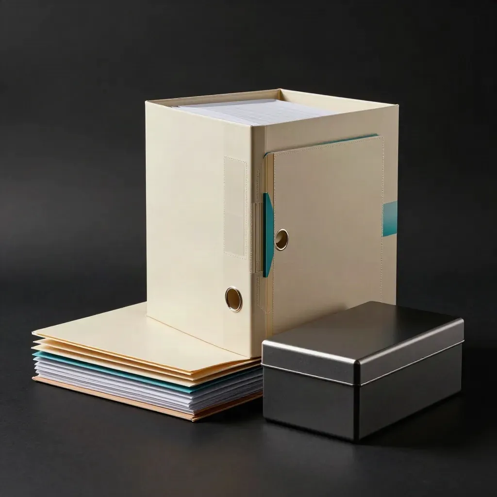 Tall compliance pack binder and sealed pouch on a dark studio surface with teal rim light.