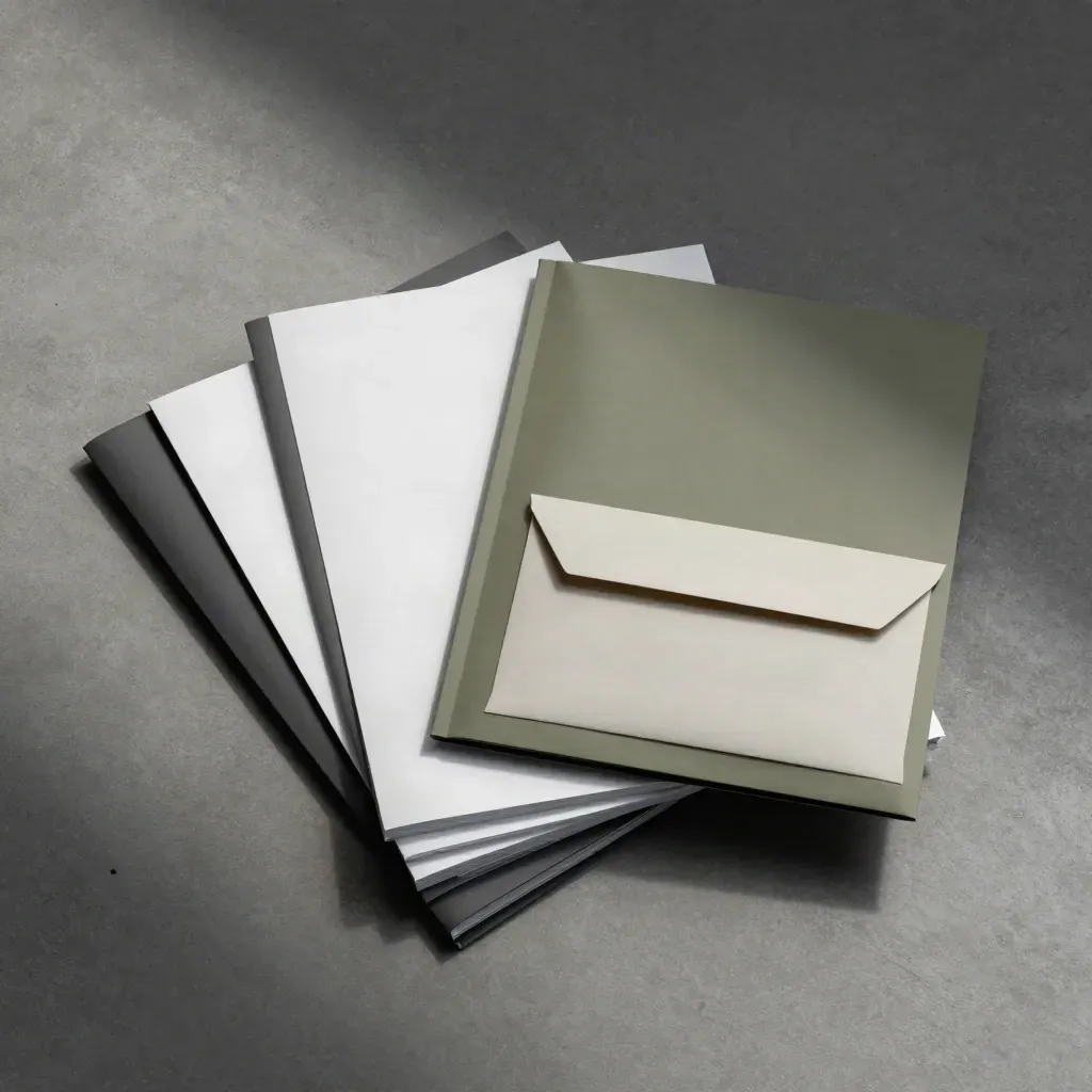 Overhead flatlay of a square archive bundle with folders, sealed pouch and envelope on concrete.
