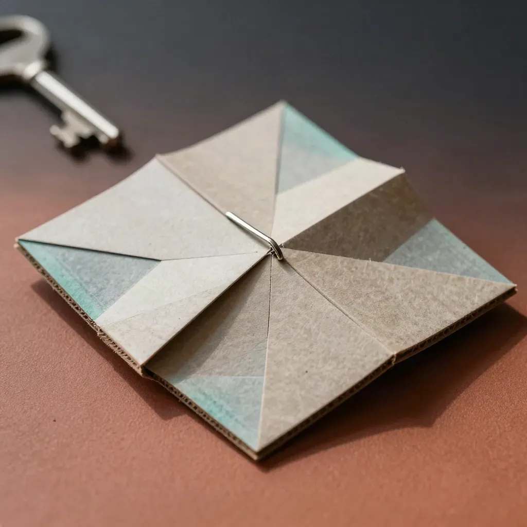 Macro of folded retail data map pack opening with paper tiles and metal clip on terracotta plaster.
