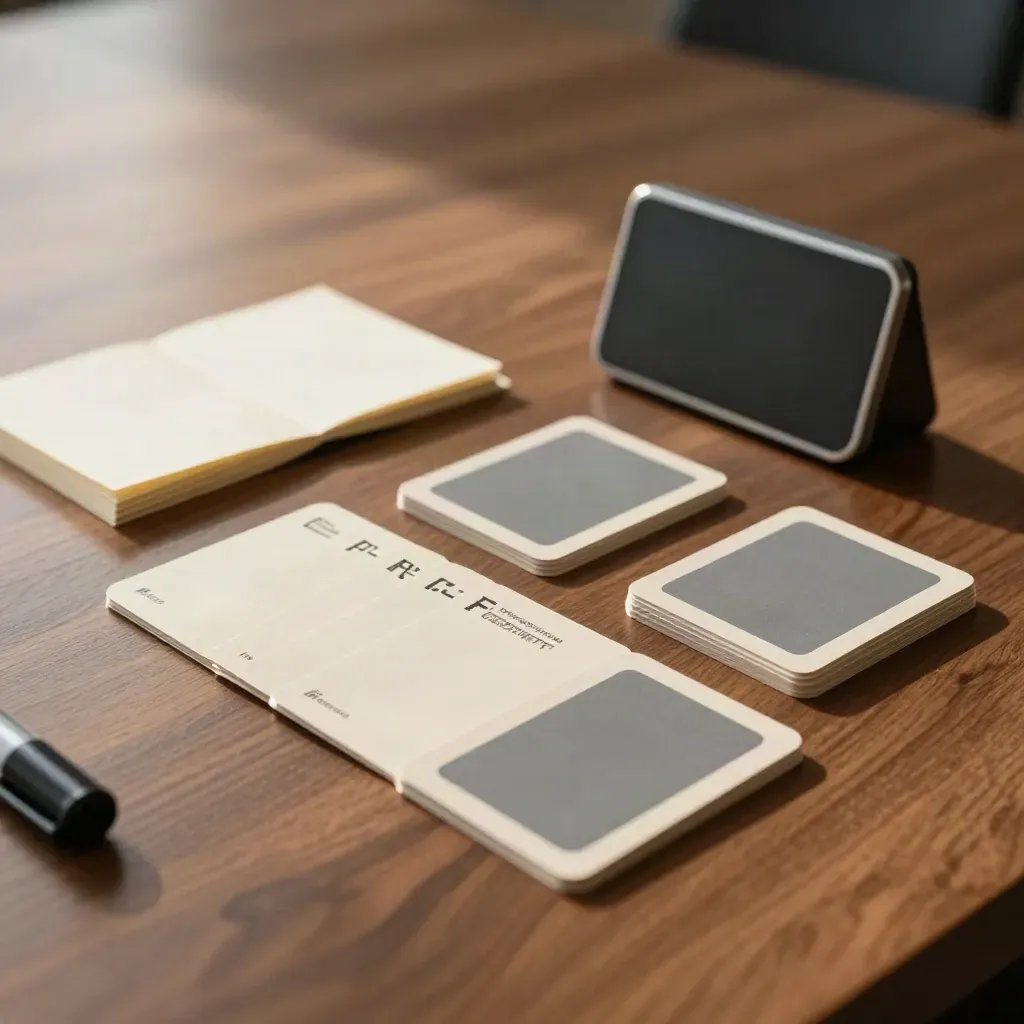 Training session kit with fanned cards, timer, notes, and marker cap on a walnut table