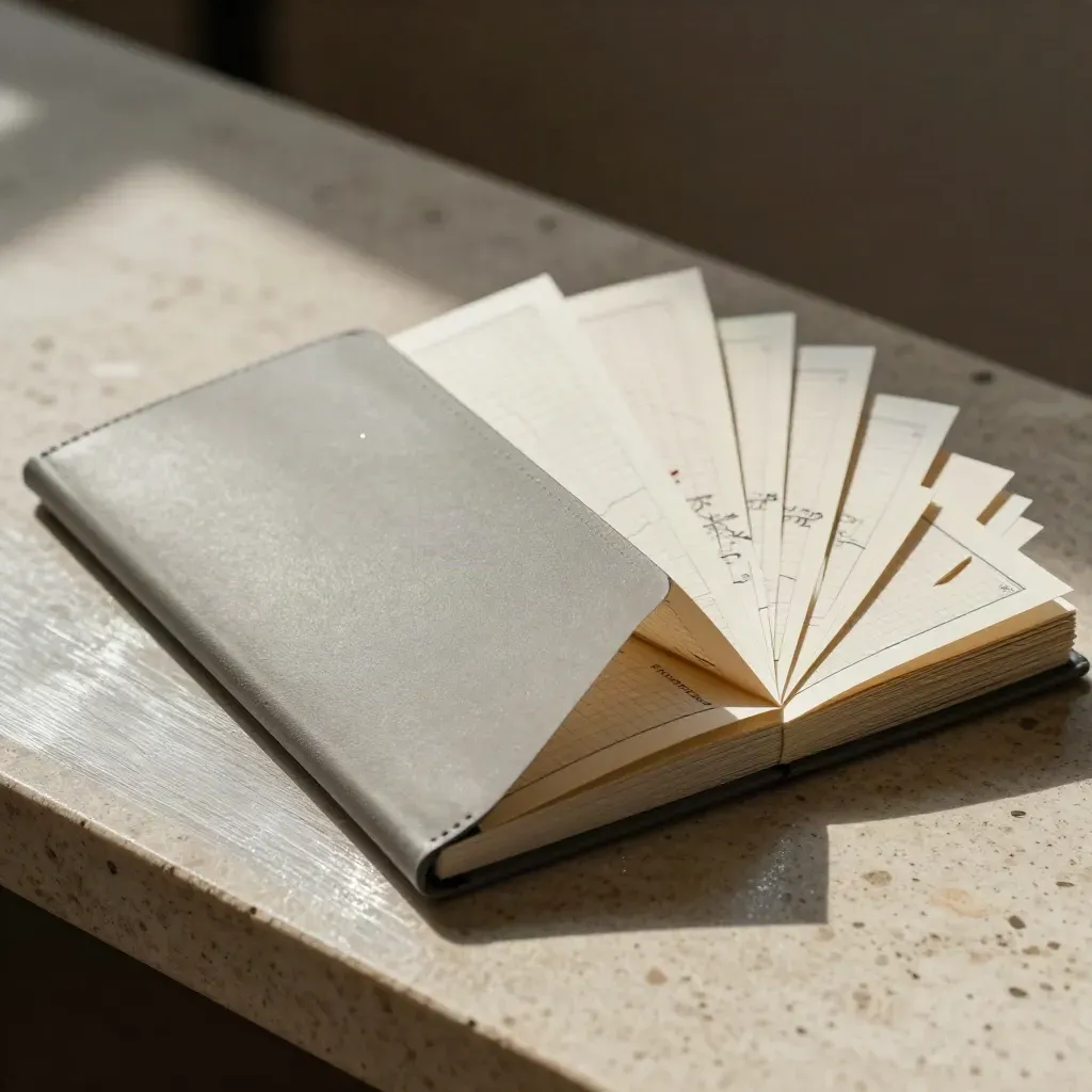 Matte folder and grid cards fanned over travertine in raking light