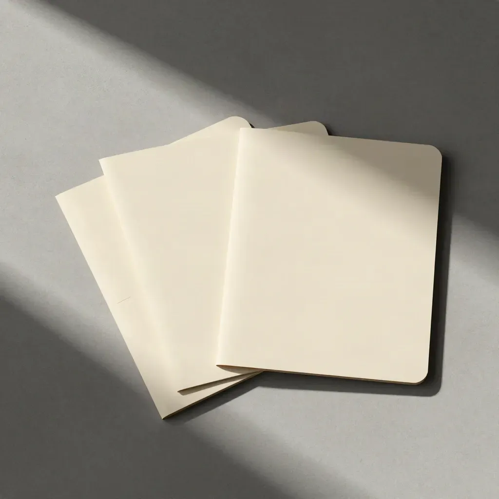 Overhead cream document sleeve, two folders and archival band on pale stone, lit by hard upper-left light.