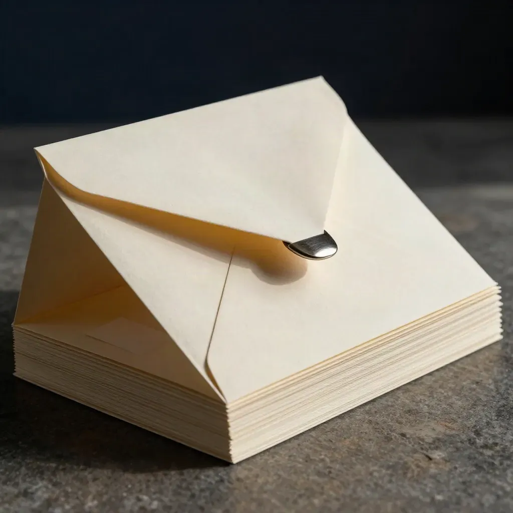 Close macro of a premium paper checklist folder, sealed envelope, clip and swatch card in hard side light.