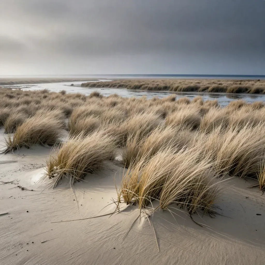 Misty coastal marsh with pale grasses and a low dark horizon under a broken sky.