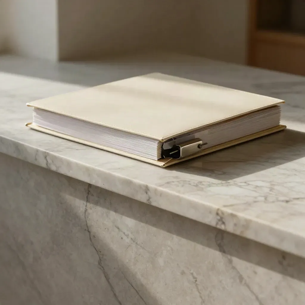 Pale marble ledge with GDPR audit folders and neutral office materials in soft sunlight.