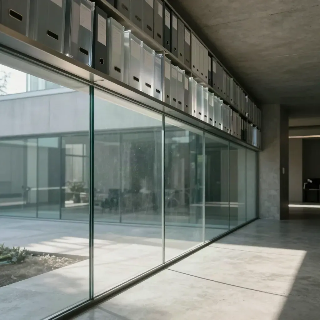 Sunlit modern glass corridor with teal reflections and compliance folders high above a calm concrete floor