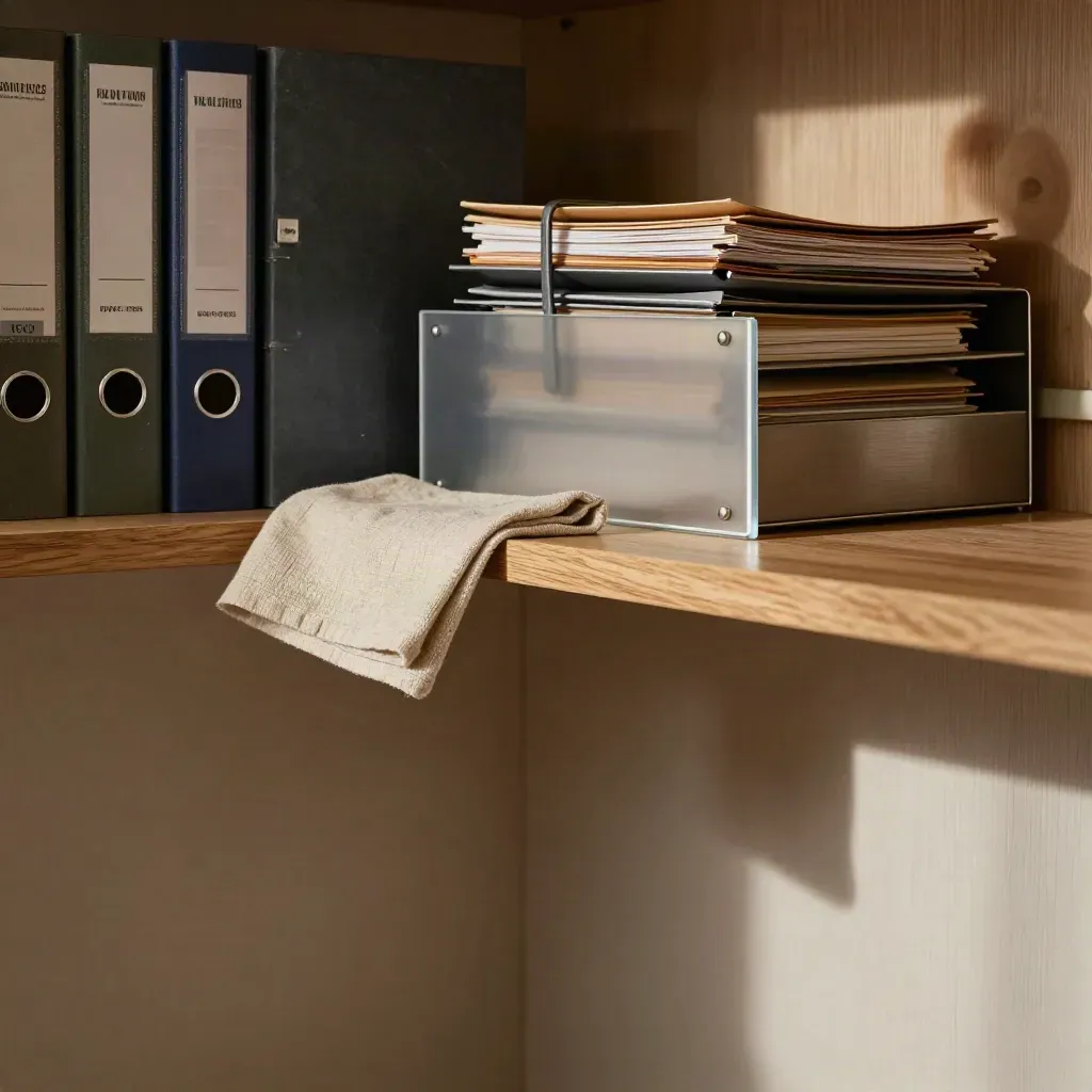 Oak legal-tech nook with compliance binders, linen cloth and soft daylight in a calm interior.