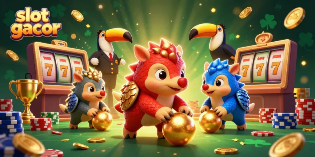 Engaging illustration of slot gacor featuring rival pangolins competing amid jackpot symbols and vibrant casino elements.