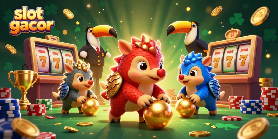 Engaging illustration of slot gacor featuring rival pangolins competing amid jackpot symbols and vibrant casino elements.