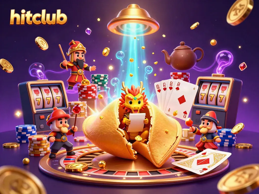 Engage in thrilling slots action with hitclub's vibrant casino atmosphere featuring fortune cookies, golden coins, and dazzling gems.