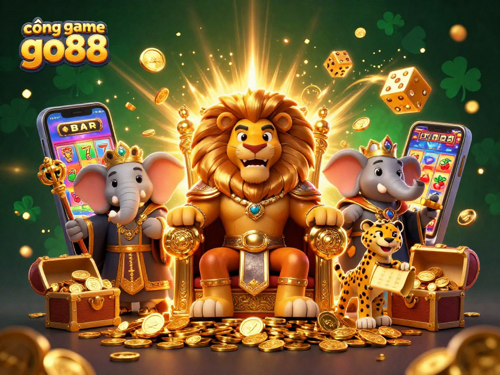 Experience exciting gaming at cổng game go88 with a majestic lion king, wise elephant, and swift cheetah amidst a jackpot explosion.