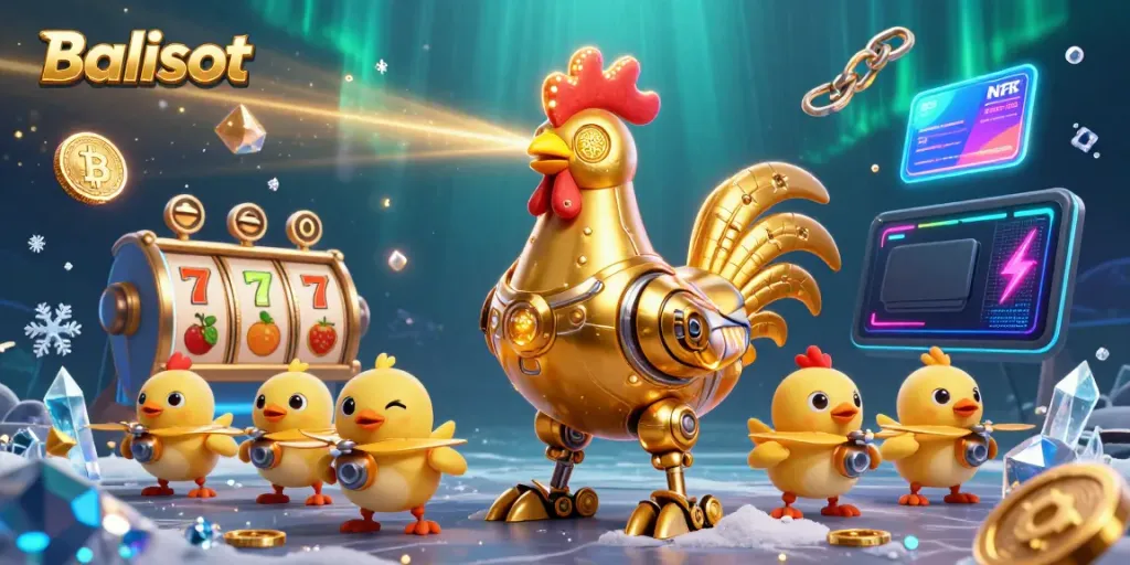 Balislot showcases a golden rooster robot with chick drones, surrounded by vibrant slot machine elements and glowing cryptocurrency coins.