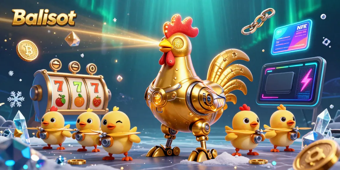 Balislot showcases a golden rooster robot with chick drones, surrounded by vibrant slot machine elements and glowing cryptocurrency coins.