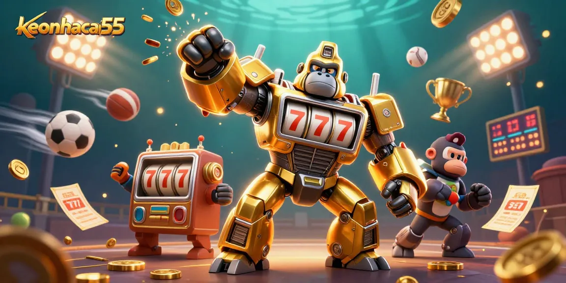 Engage with keonhacai55 through a thrilling 3D illustration featuring a golden gorilla mech and sports elements.