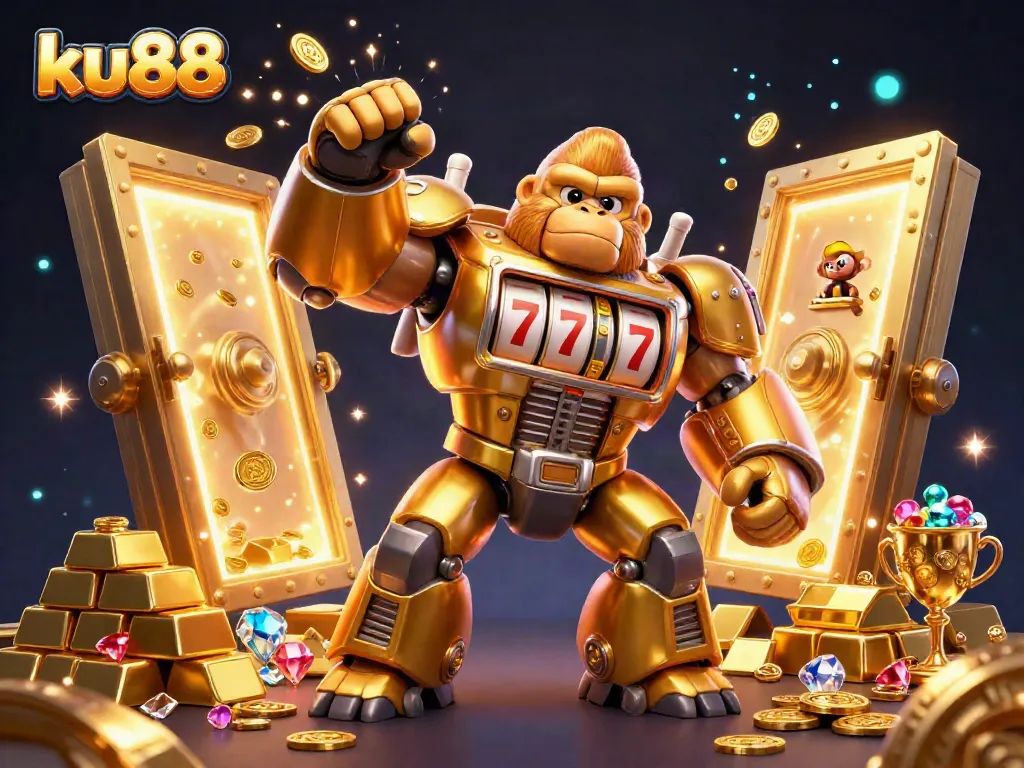 Experience thrilling wins with ku88's dynamic 3D gorilla mech surrounded by treasures in an online casino.