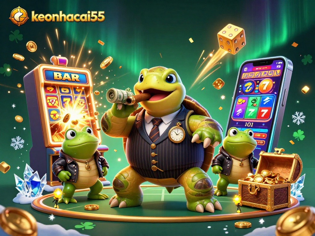 Experience thrilling slots with keonhacai55 in a vibrant casino scene featuring jackpot explosions and dynamic characters.
