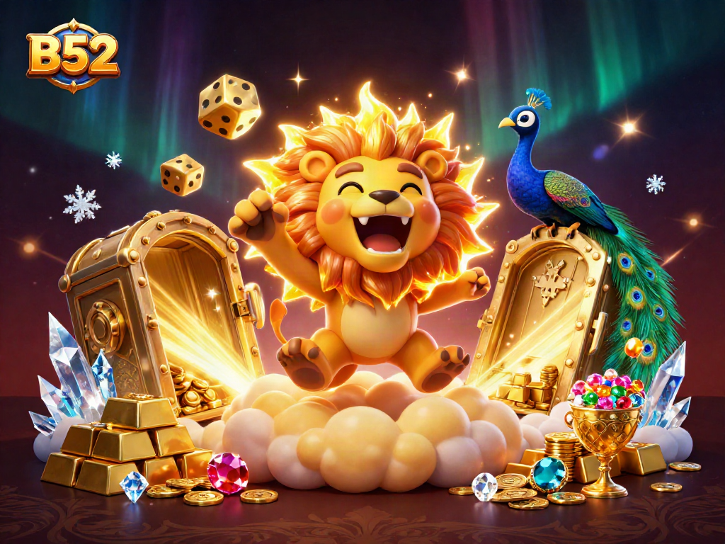 Players enjoy B52 slots with vibrant graphics, golden treasures, and energetic gaming atmosphere.