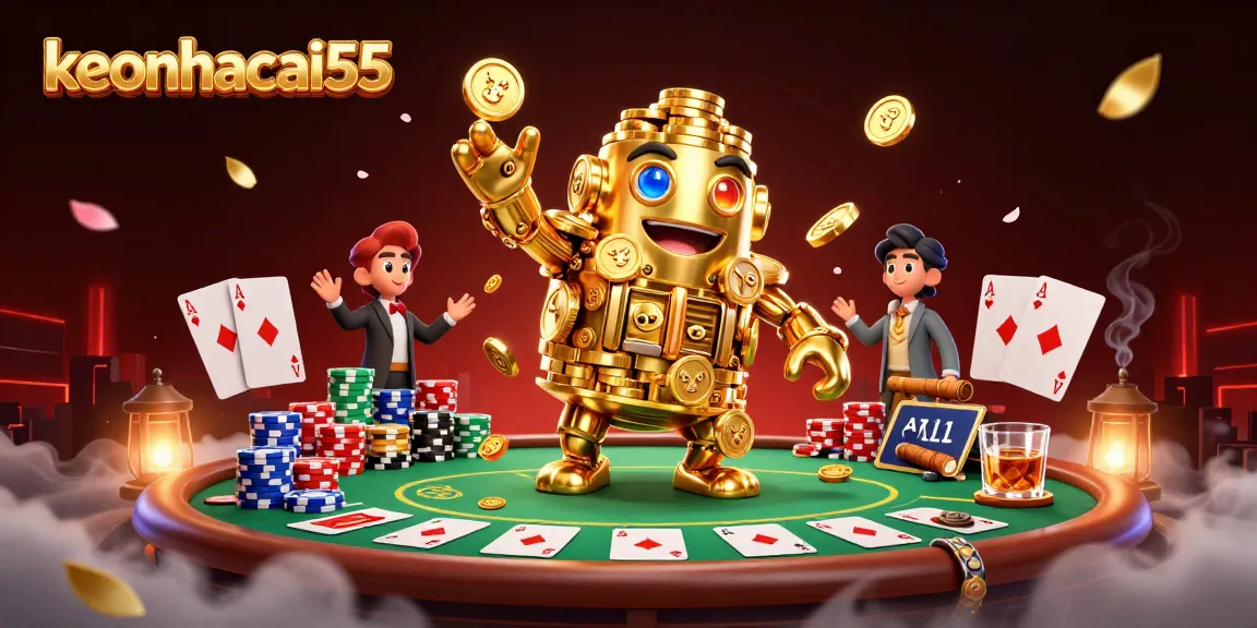 Engage with keonhacai55 in this dynamic 3D casino scene featuring a golden golem and poker table elements.