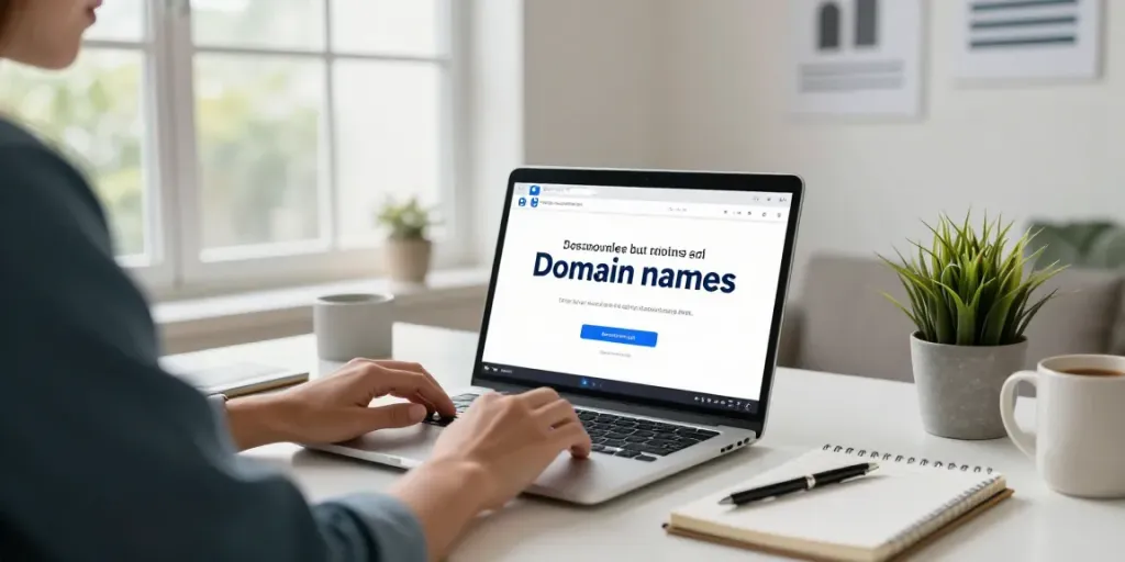 Person buying domain without hosting in a modern home office.
