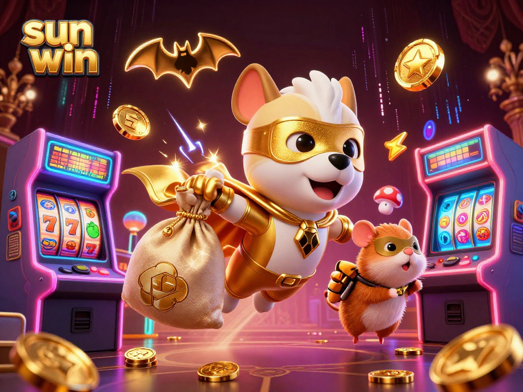Engage with the sun win casino theme featuring a superhero dog and hamster in a vibrant, colorful 3D scene.