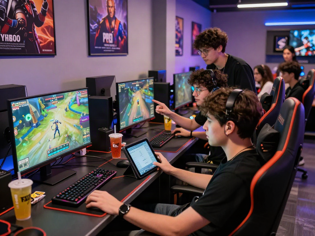 Group of gamers enjoying an html porn game in vibrant studio atmosphere