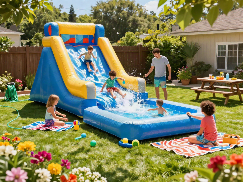 Children slide in the water, enjoying an inflatable water slide in a sunny backyard.
