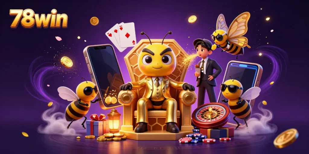 Engage with 78win through a vibrant 3D illustration showcasing the casino's dynamic elements and characters.